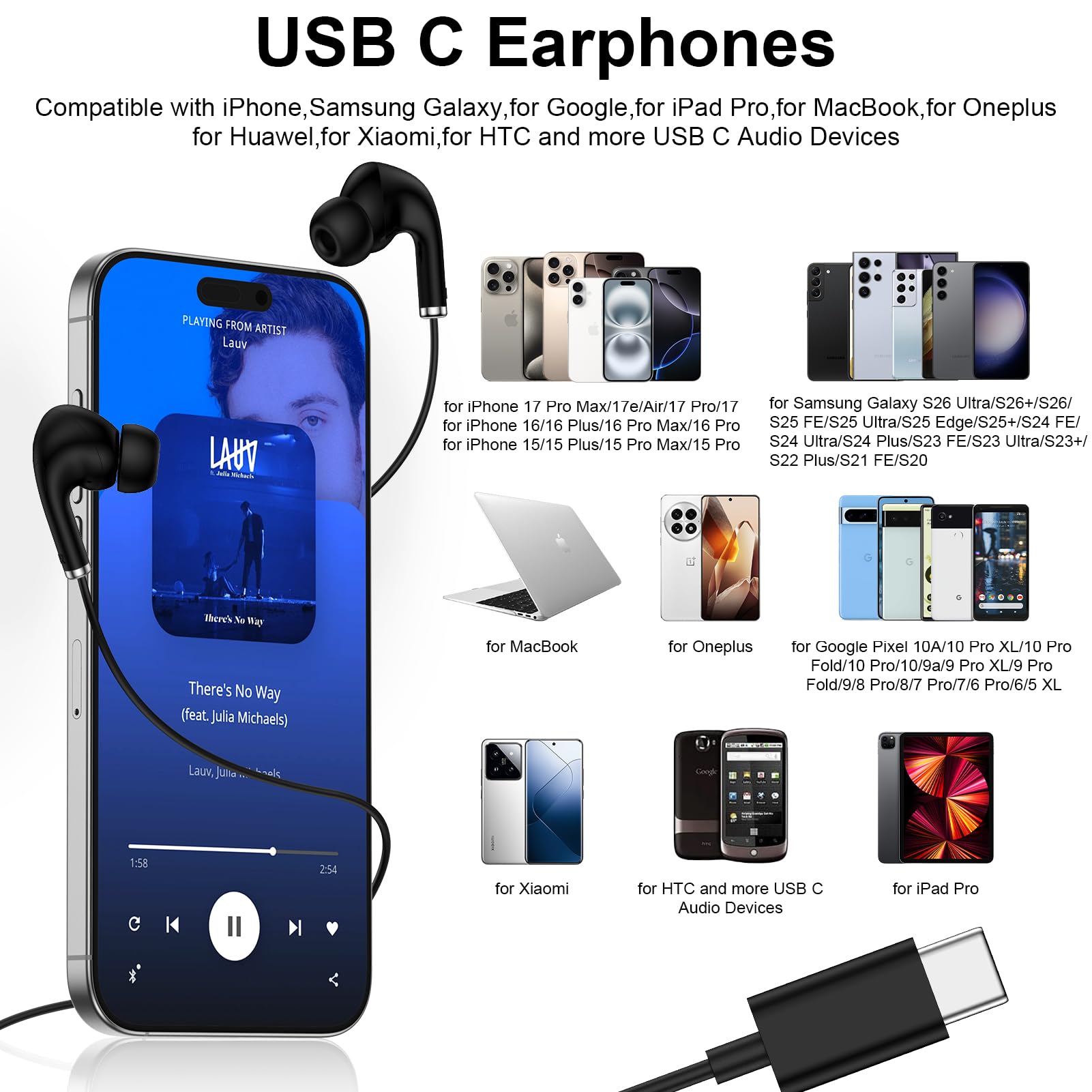Auriculares USB C con cable para Samsung Galaxy S26 Ultra A17 A37 A36
