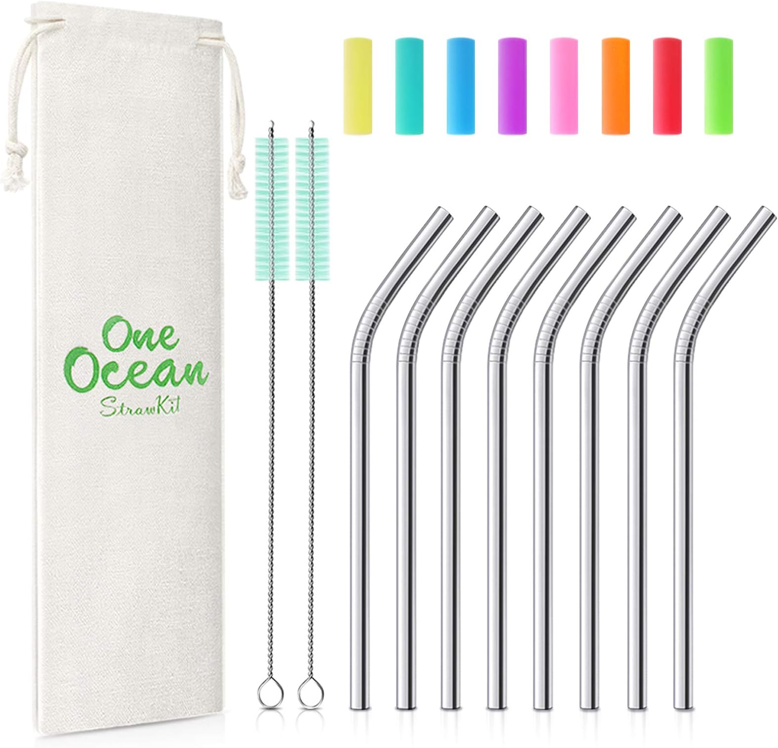 Teivio 8 Pack Short Stainless Steel Straws 6 inch Bent Metal Reusable Straws with Silicone Tips and Case, Cleaning Brush and Carry Bag for Cocktail Gl, Small Cups