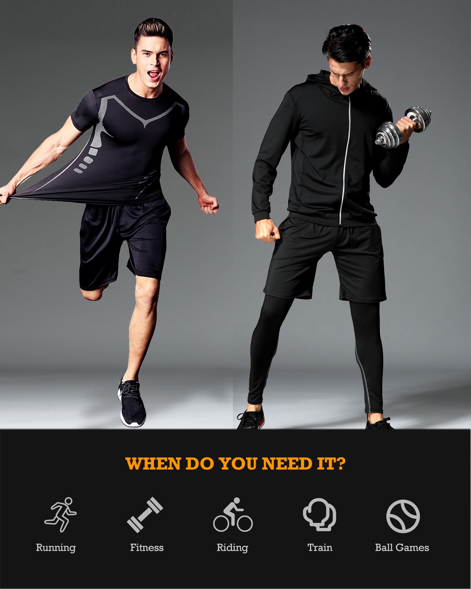 Ropa de entrenamiento para hombre, ropa de fitness, gimnasio, al aire libre, pantalones de compresión, camisa de manga larga, 4 unidades o 5 piezas - Negro