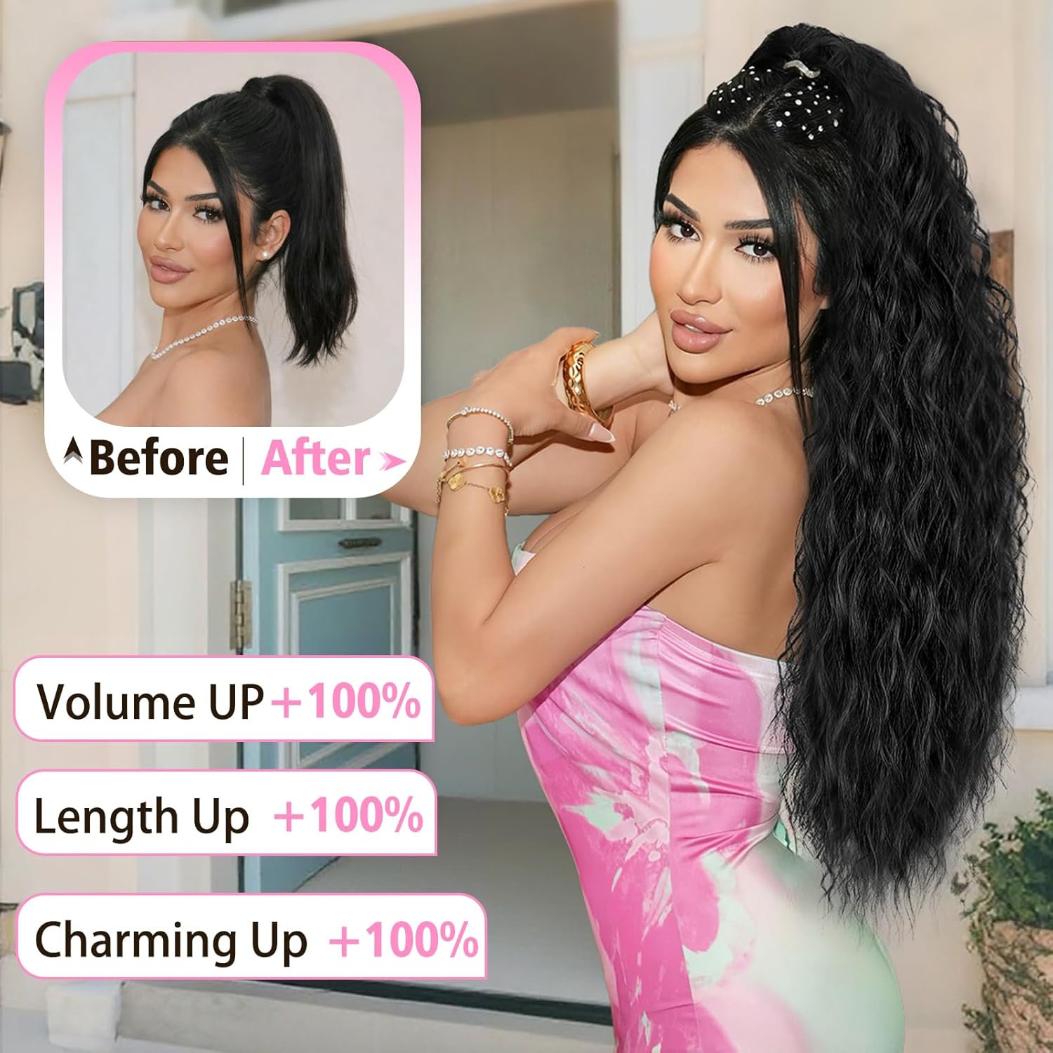 ALXNAN Claw Clip Ponytail,26 Inch Black Ponytail Extension for Women Synthetic Long Curly Wavy Clip in Ponytail Hair Extensions Synthetic Hairpiece for Daily Party Use