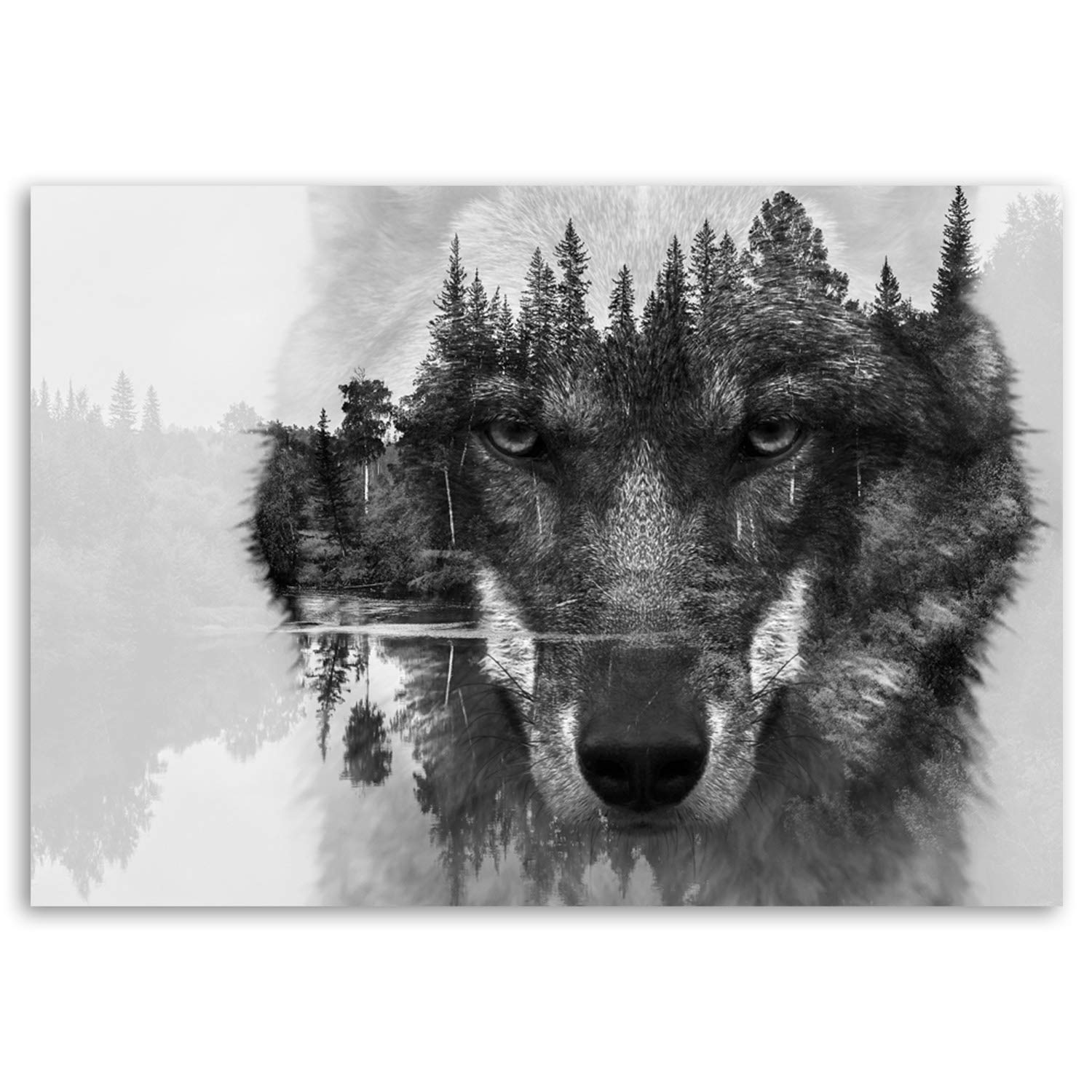 Feeby Bilder Wolf Wald Nebel 100x70 cm 1 Teilig Wohnzimmer Schlafzimmer Büro Flur Küche Wandbilder Modern Bild auf Leinwand Wanddekoration Kunstdruck Design Natur Tiere Schwarz und Weiß