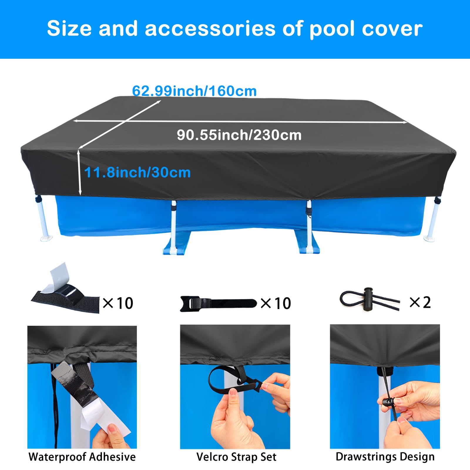 220x150 cm Rectangular Pool Cover 7 x 4 ft Frame Rectangle Swimming Pool Cover for Outdoor Pool Easy Set including Rope Thick and Durable Tarpaulin Design Dustproof Waterproof - Image 2