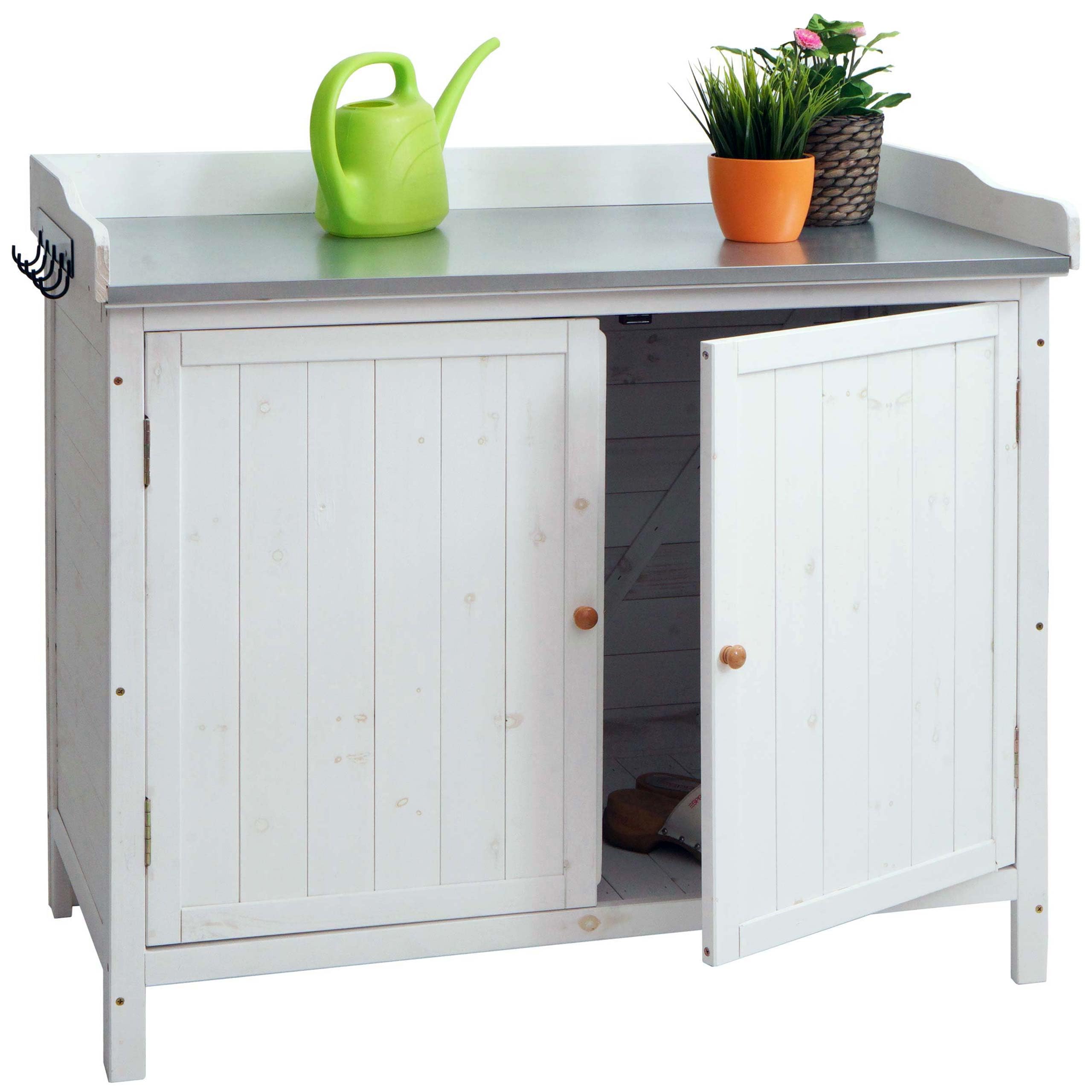 Mendler Gartenschrank mit Arbeitsplatte HWC-L69, Pflanztisch, Outdoor Tanne Holz FSC®-Zertifiziert 86x104x52cm - weiß