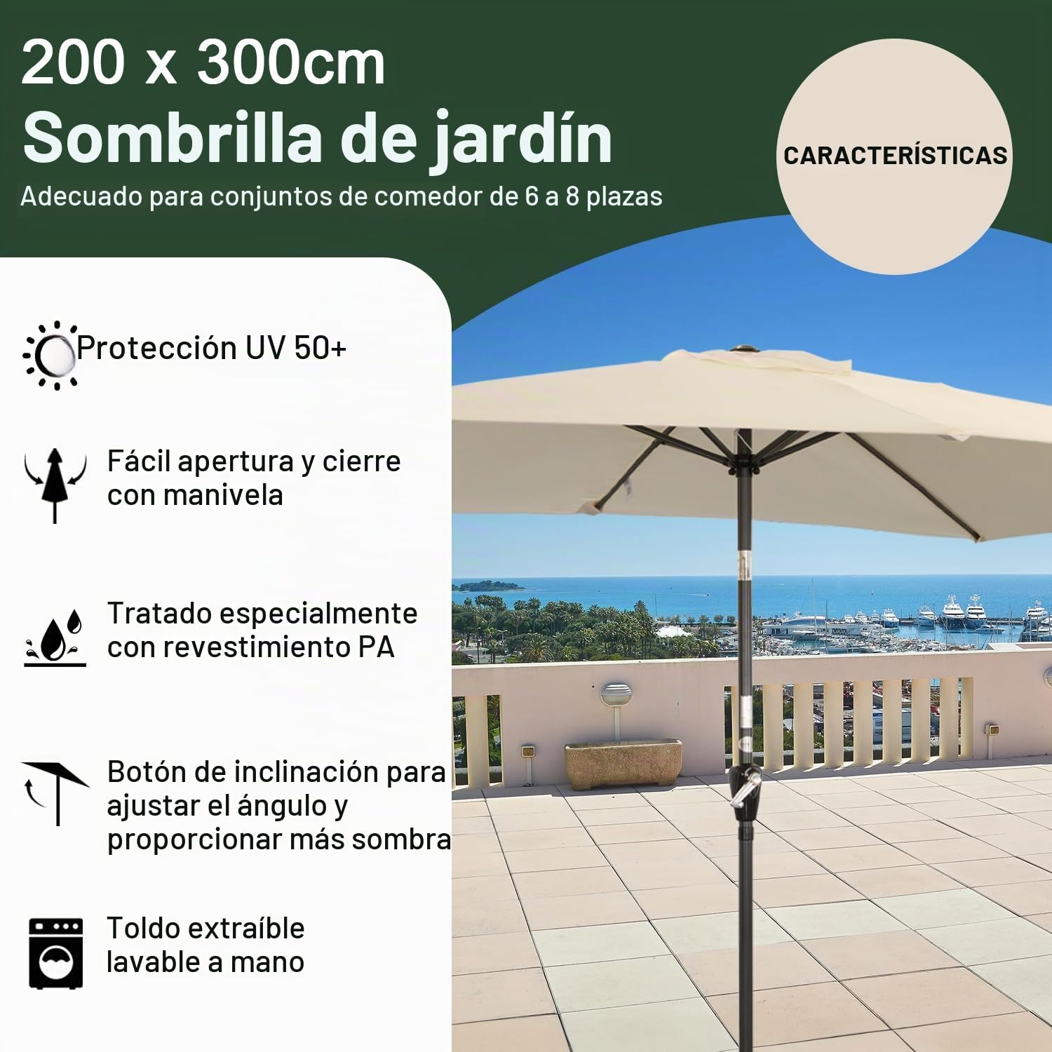 Angel Living 2x3M Sombrilla de Acero y Poliéster, Parasol Inclinado con Manivela, Sombrilla con Mástil Acero 38mm, para Balcón Terraza Patio Jardin