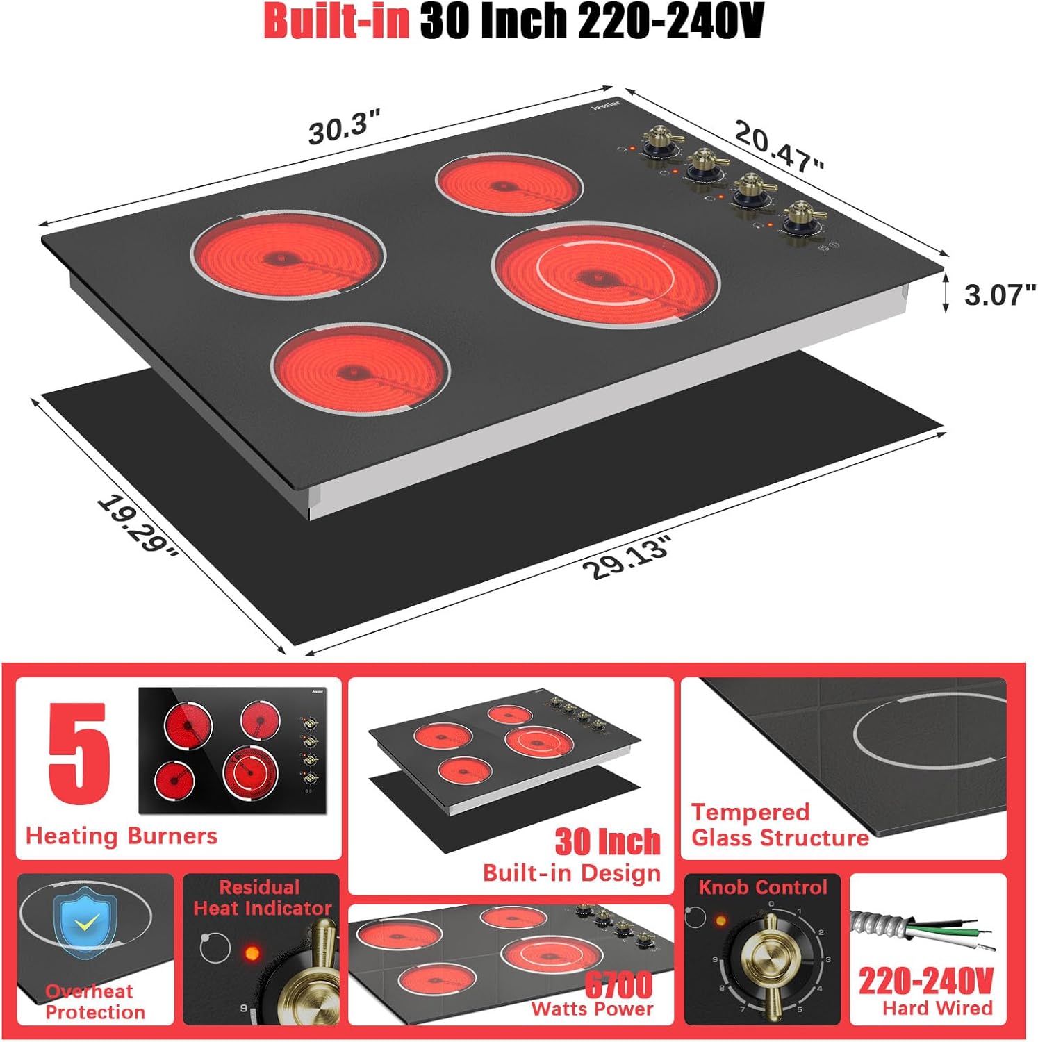 30 Inch Electric Cooktop - 4 Burner Built-in Electric Stove 6700W, 30 Ceramic Stove Top with Knob Control, Dual Ring, 9 Power Heating Levels, 220V - 240V Hard Wired (No Plug)