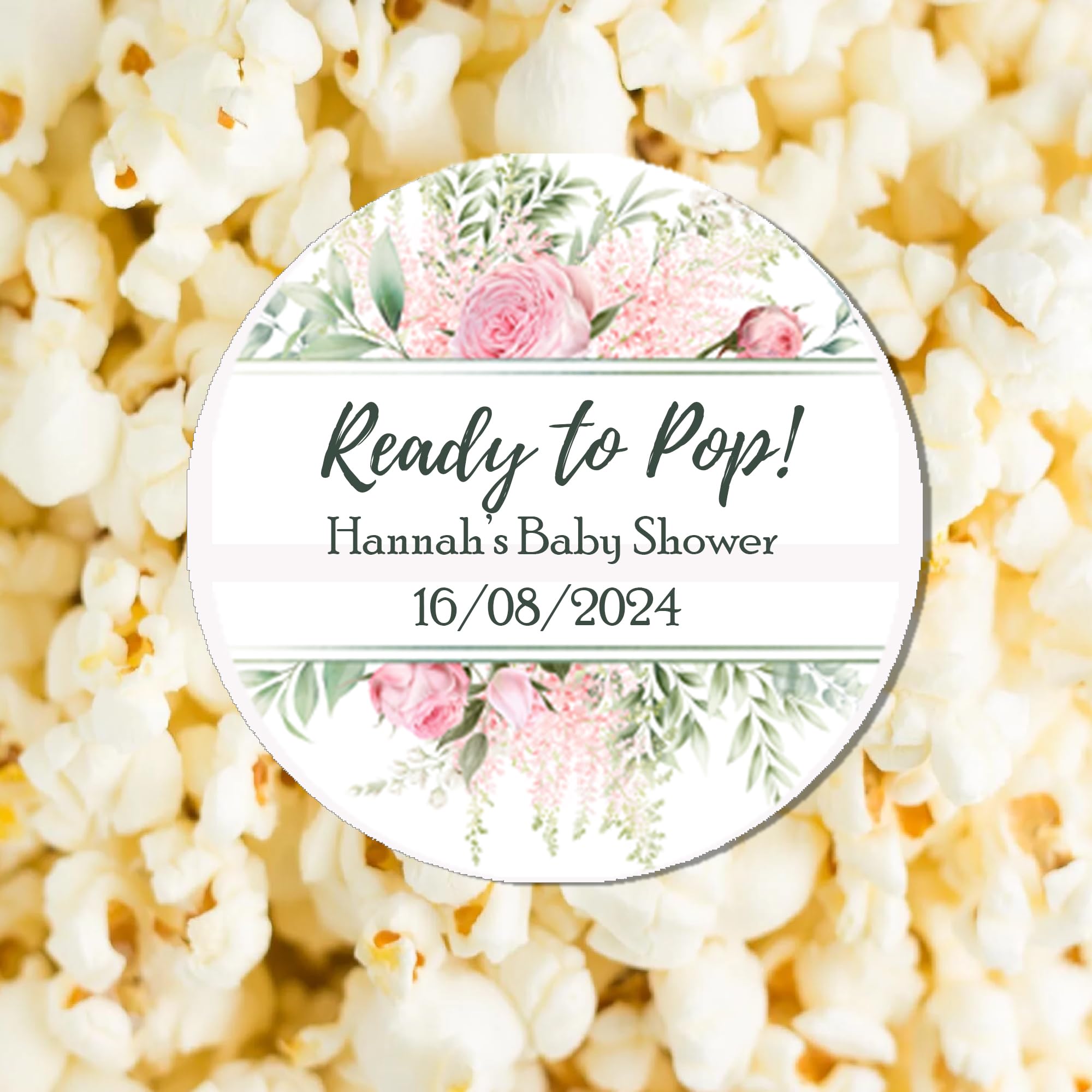 Personalised Baby Shower Stickers Thank You Popcorn Cone Stickers, Favour Bag Stickers, Ready to Pop, New Born, Gender Reveal - Pink Floral