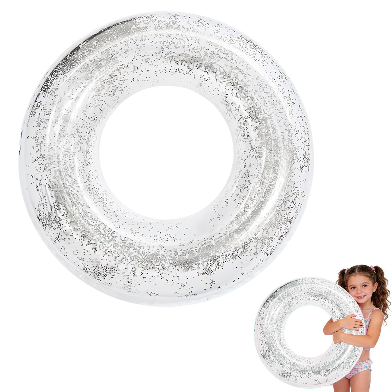 Silver Sequins Swimming Ring Inflatable Rubber Rings for Kids 4-9 Years,70cm Inflatable Pool Ring Floaties Swim Rings Water Float Inflatables Pool Float for Boys Girls Beach Summer Water Party Sport