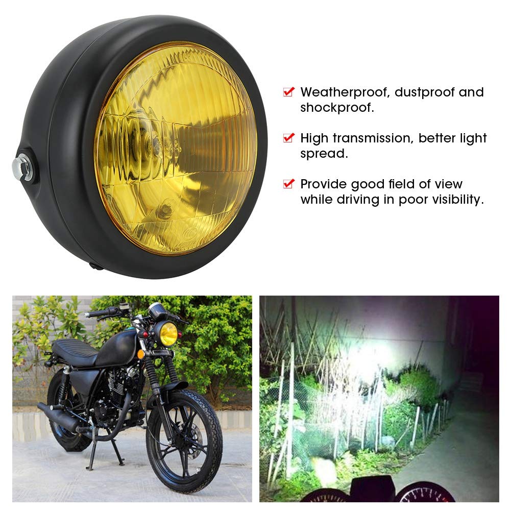Faro Moto Giallo Stile Scrambler Cafe Racer - Yctze 5" Proiettore Con Lente In Vetro E Scocca In Metallo, Bianco E Ambra