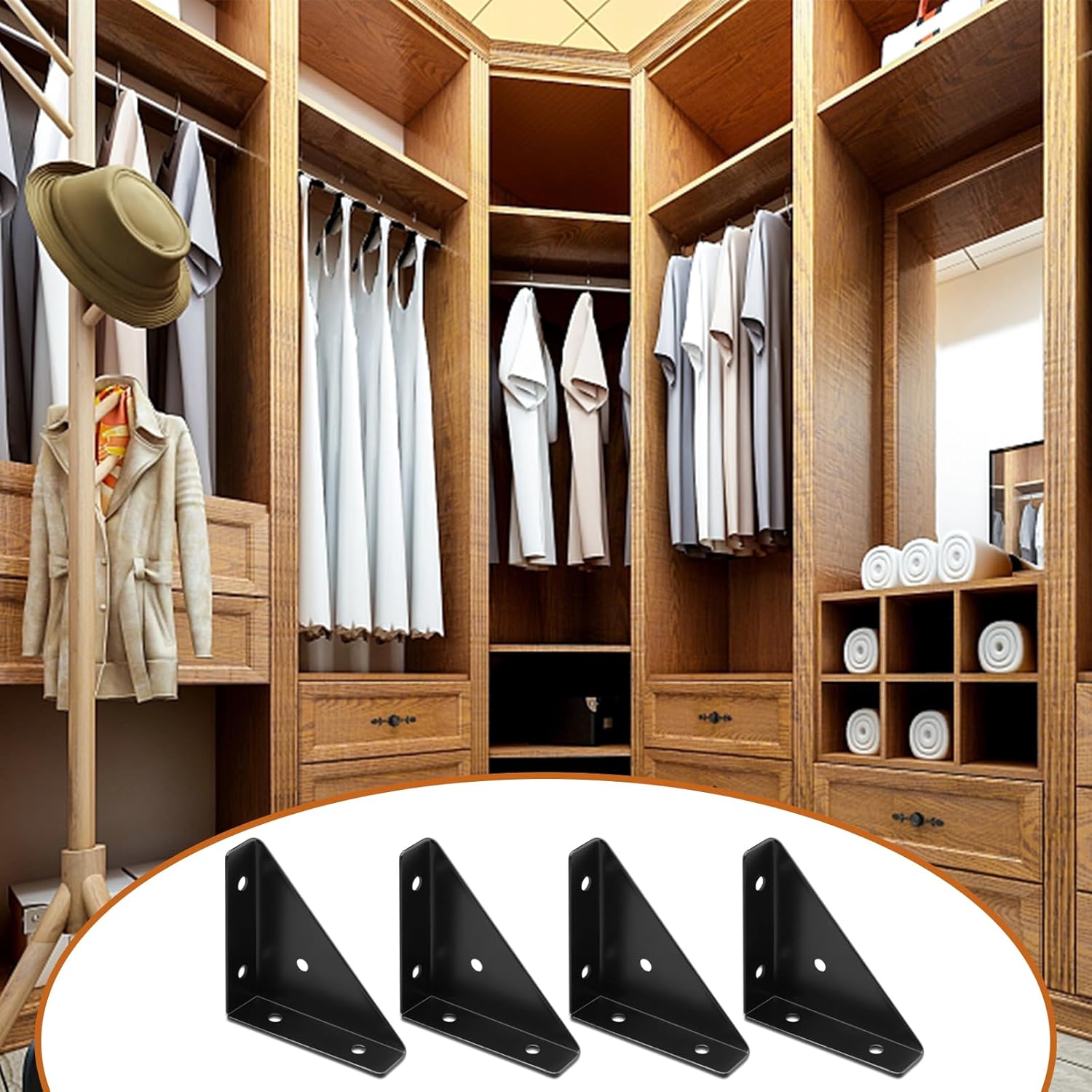 4Pcs Corner Bracket Black Angle Bracket Corner Brace, Metal Corner Brackets Triangle Corner Shelf Bracket, 66mm × 66mm Corner Braces for Wood, Table Cabinet Bed Corner Support Connector with Screws