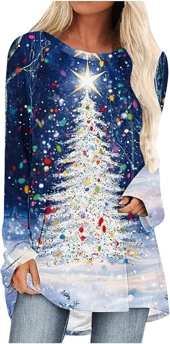 Ruziyoog Christmas Tree Graphic Sweatshirt for Women Long Sleeve Pullover Holiday Tunic Tops Winter Casual Crewneck Sweater