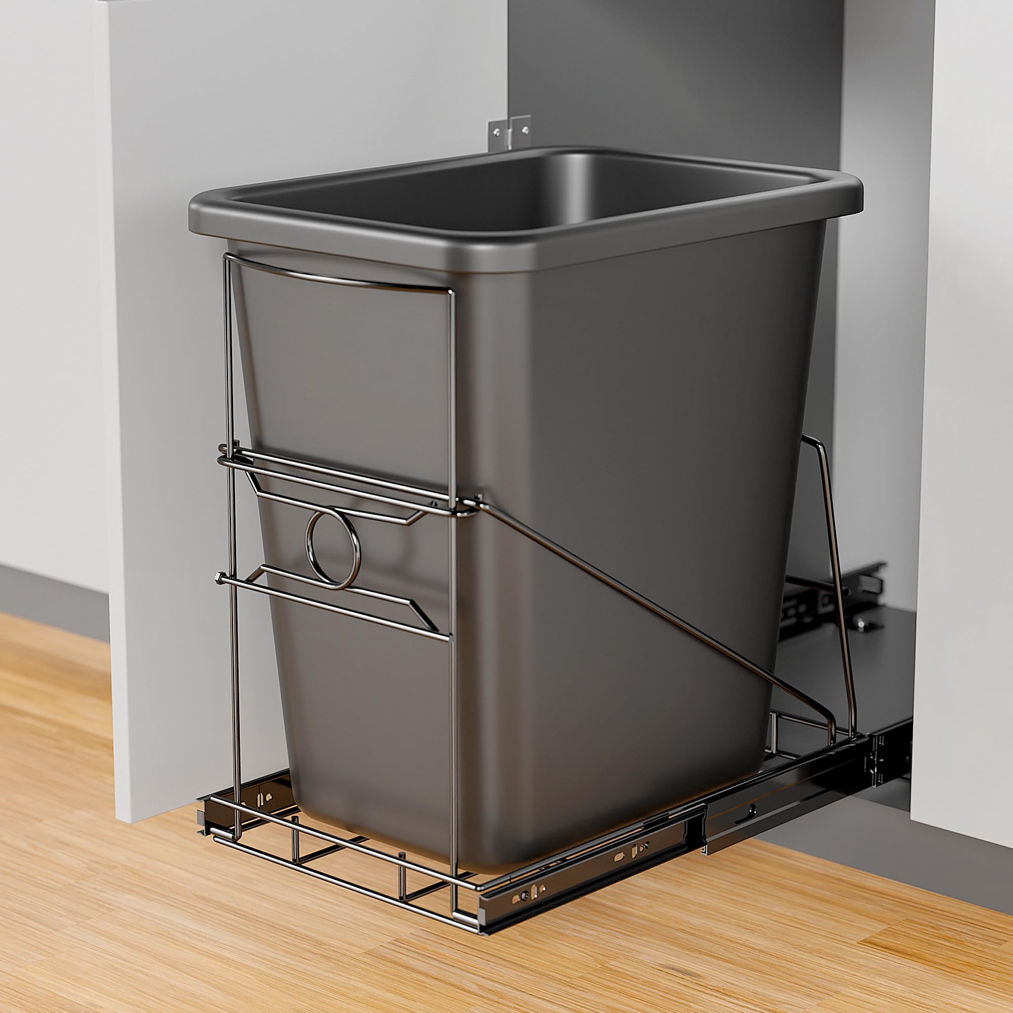 Photo 1 of pbugac Pull Out Trash Can Holder, Adjustable Heavy Duty Cabinet Slide Out Kit for 7-11 Gallon Trash Cans, Under Sink Trash Can Rack with Smooth Ball Bearing Slides, Black, Trash Can Not Included