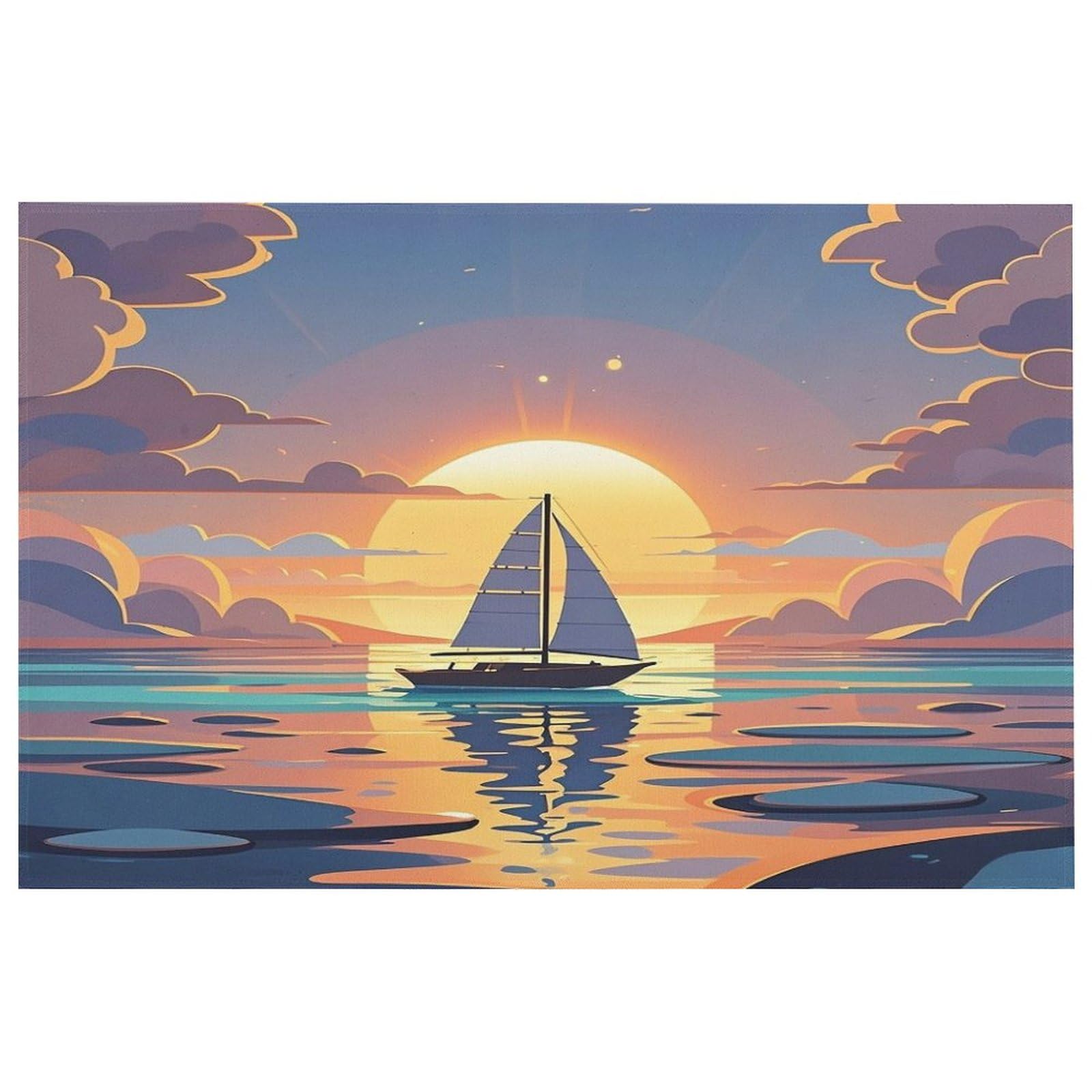 Petit tapis lavable pour cuisine au motif coucher de soleil et voilier