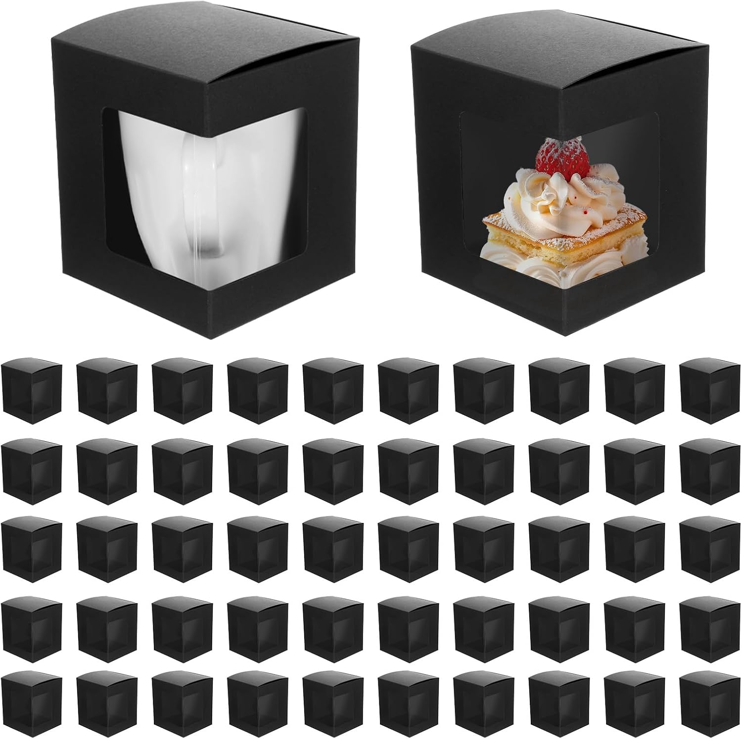 Tobeelec 50 Pcs Black Mug Boxes with Clear Window Bulk, Mug Boxes for Gifts, Mugs Box for Packaging, Black Gift Box for Coffee Mugs, Ideal for 11oz, 12oz, 15oz Coffee Cups (4.33 x 4.13 x 4.72 Inches)
