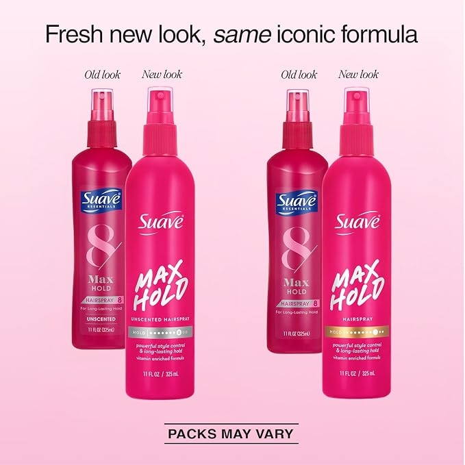Suave Hairspray Max Hold Variety 2-Pack, Sin perfume y con perfume – No aerosol, 11 oz c/u miniatura 2