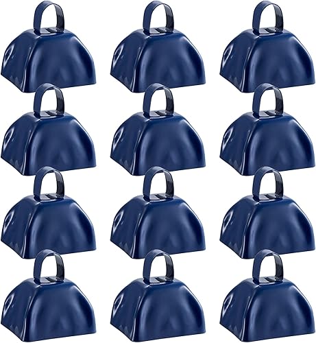 Miniatura 7 de Foraineam Paquete de 12 cencerros de metal con asas, alarma de llamada ruidosa azul, instrumentos musicales de percusión de mano para eventos