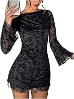 SOLYHUX Women's Floral Sexy Mesh Mini Dress Bell Long Sleeve Bodycon Club Night Out Dress