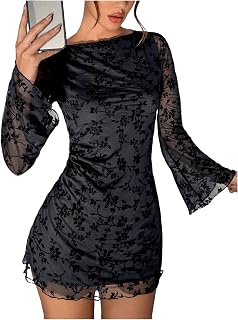 SOLYHUX Women's Floral Sexy Mesh Mini Dress Bell Long Sleeve Bodycon Club Night Out Dress