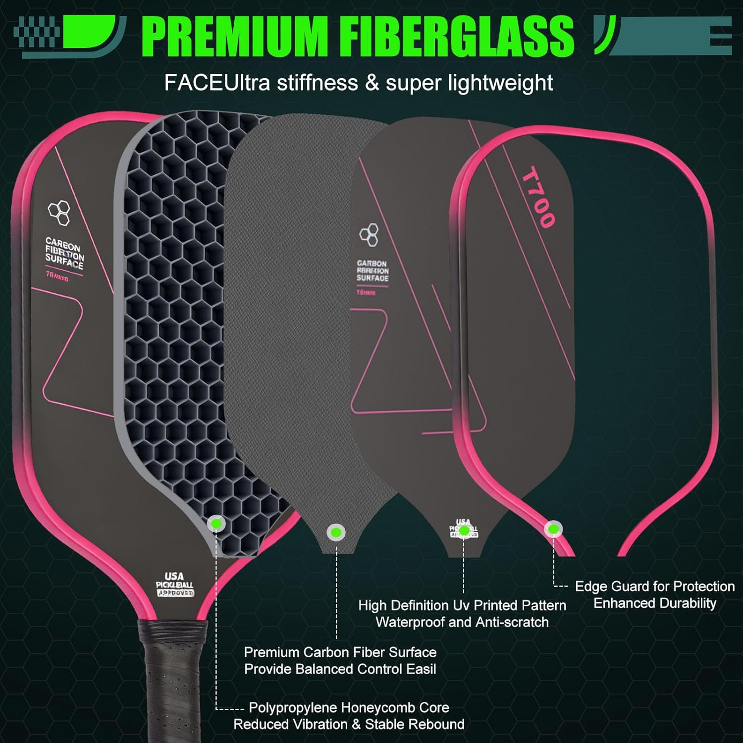 Pickleball Paddle - Carbon Fiber Surface, Lightweight, Anti-Slip Grip, Durable, Suitable for Beginners & Intermediate Players