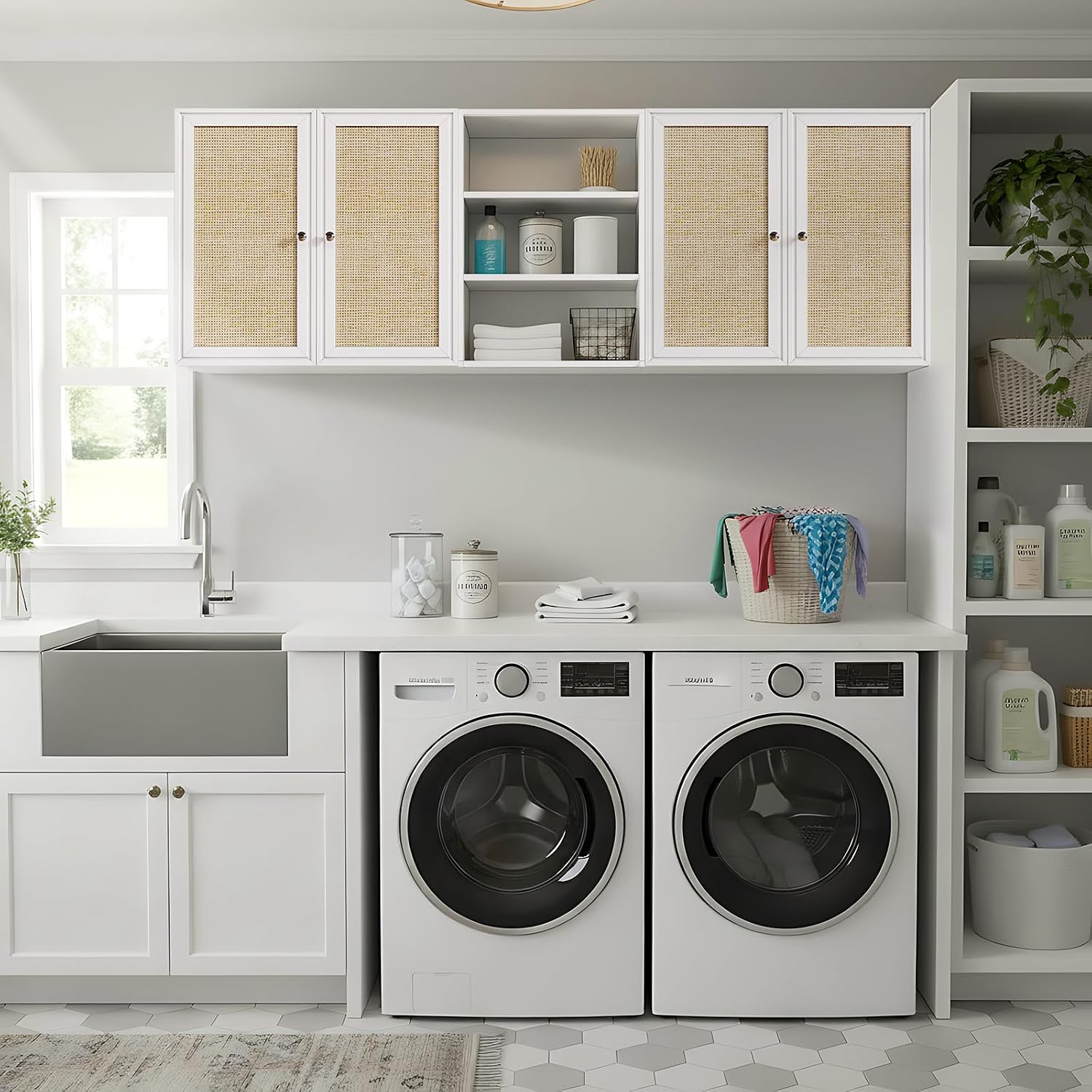 Furnaza Kitchen Wall Cabinets,Rattan Wall Mounted Laundry Cabinets with Adjustable Shelf, Floating Hanging Storage Cabinet for Laundry Room, Bathroom, Kitchen,63" W x 11.8" D x 21.6" H