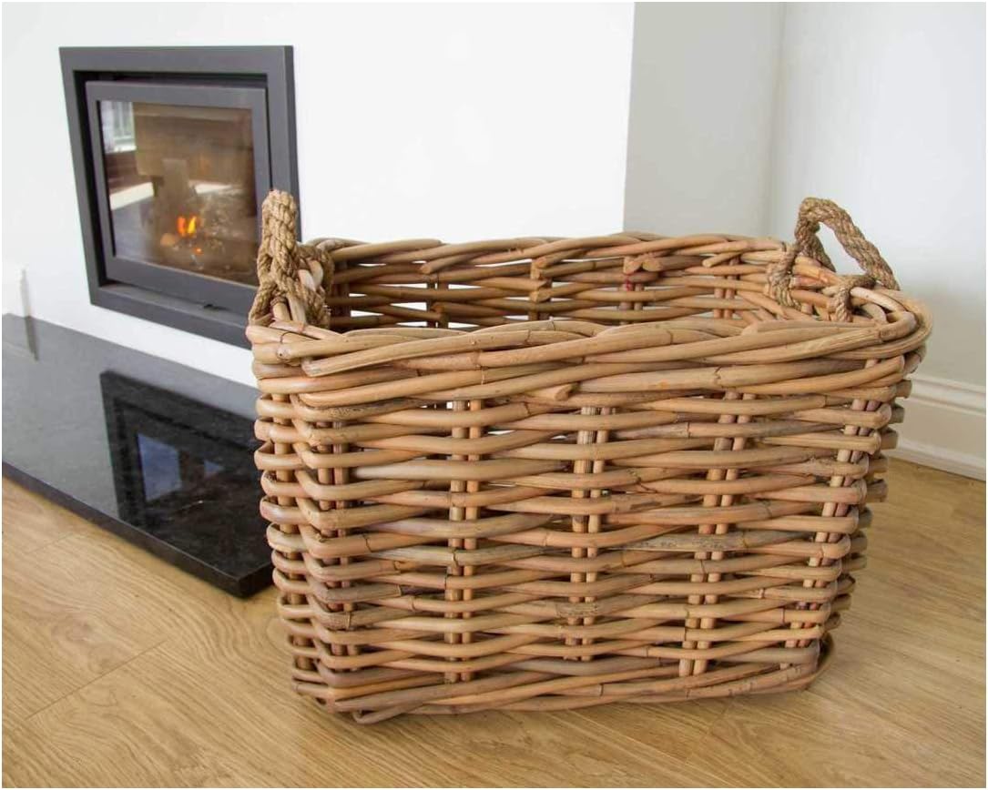 Sustainable Furniture Large Rectangular Wicker Log Basket with Rope
