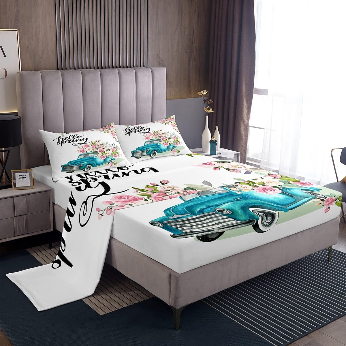 Hello Spring Bed Sheet Queen Set Pink Rose Floral Sheets Sets Adults Bedroom Decor Teal Car Pattern Microfiber Bedding Set with Flat,Fitted Sheet,2 Pillow Cases