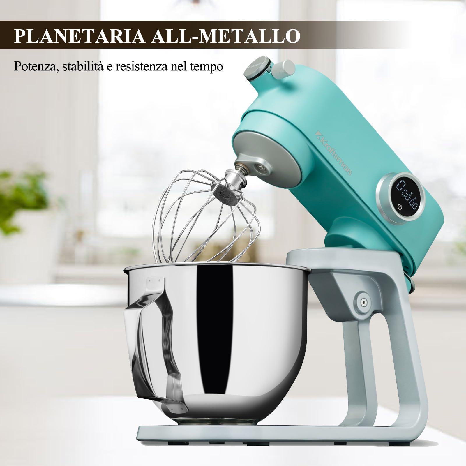 Impastatrice Planetaria Kraftsman in Metallo, 5L Robot da Cucina Multifunzione, 800W, 8 Velocità con Timer, Impastatrice Professionale con 4 Fruste in Acciaio Inox, Ideale per Impasti Duri (Blu)