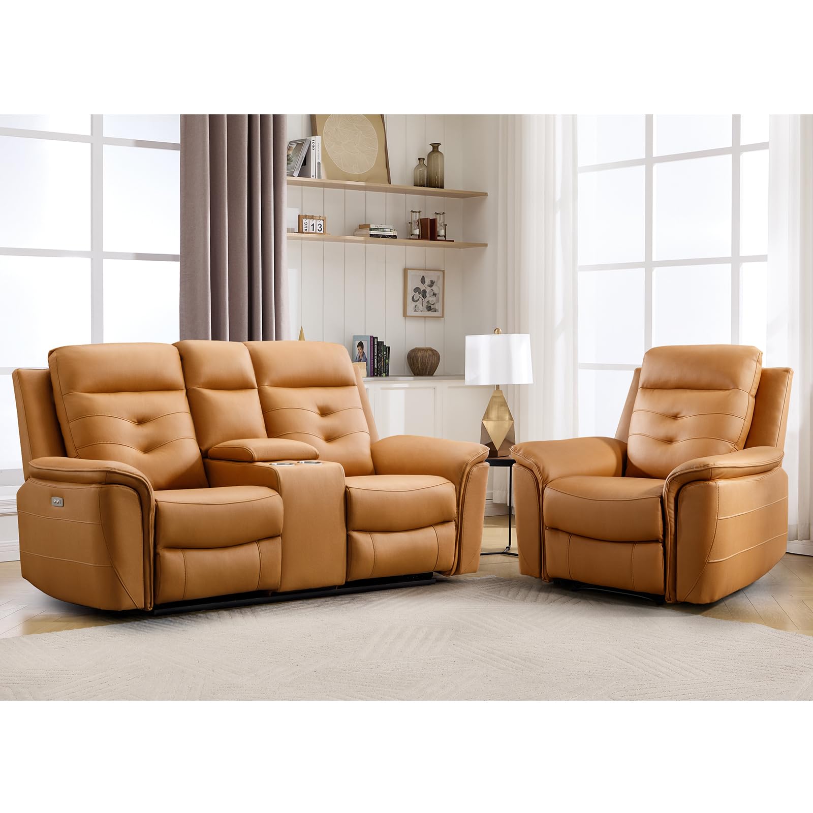 ANJ 2-Piece PU Leather Recliner Sofa Set with Charging Port, Include Single Power Recliner Chair and Electric Loveseat Reclining Couch with Hidden Storage &amp; Cup Holders for Living Room, Yellow