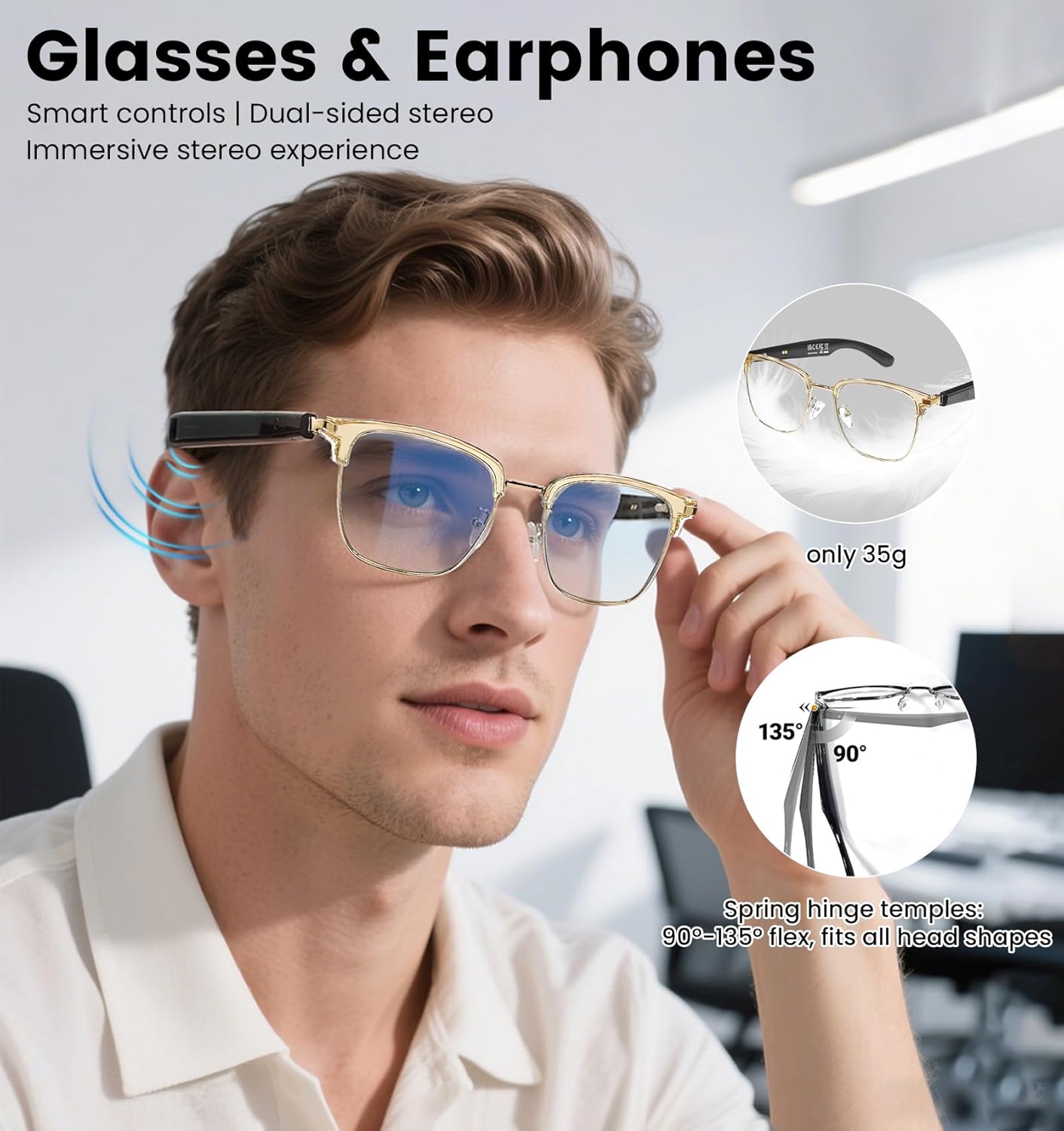 Bluetooth Audio Smart Glasses for Men& Women,Anti Blue Light Safety Glasses with Open Ear Speaker,Touch Control, Voice Assistant & Hands-Free Calls, Magnetic Charging,Auto On/Off Open Design