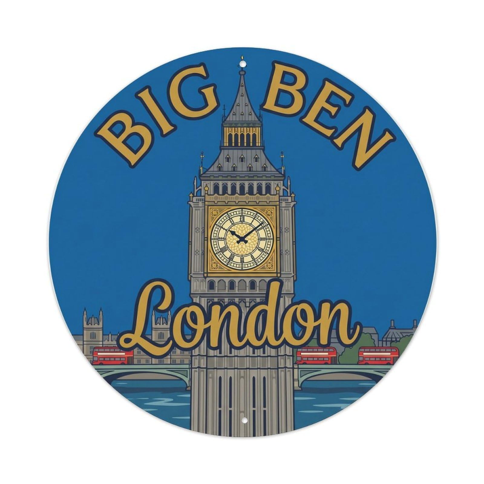 Vintage Travel Big Ben Clock Tower Metal Tin Sign Plaque Wall Decor for Cafe, Club Bar, Office, Home Garden Round Metal Poster 8x8Inch