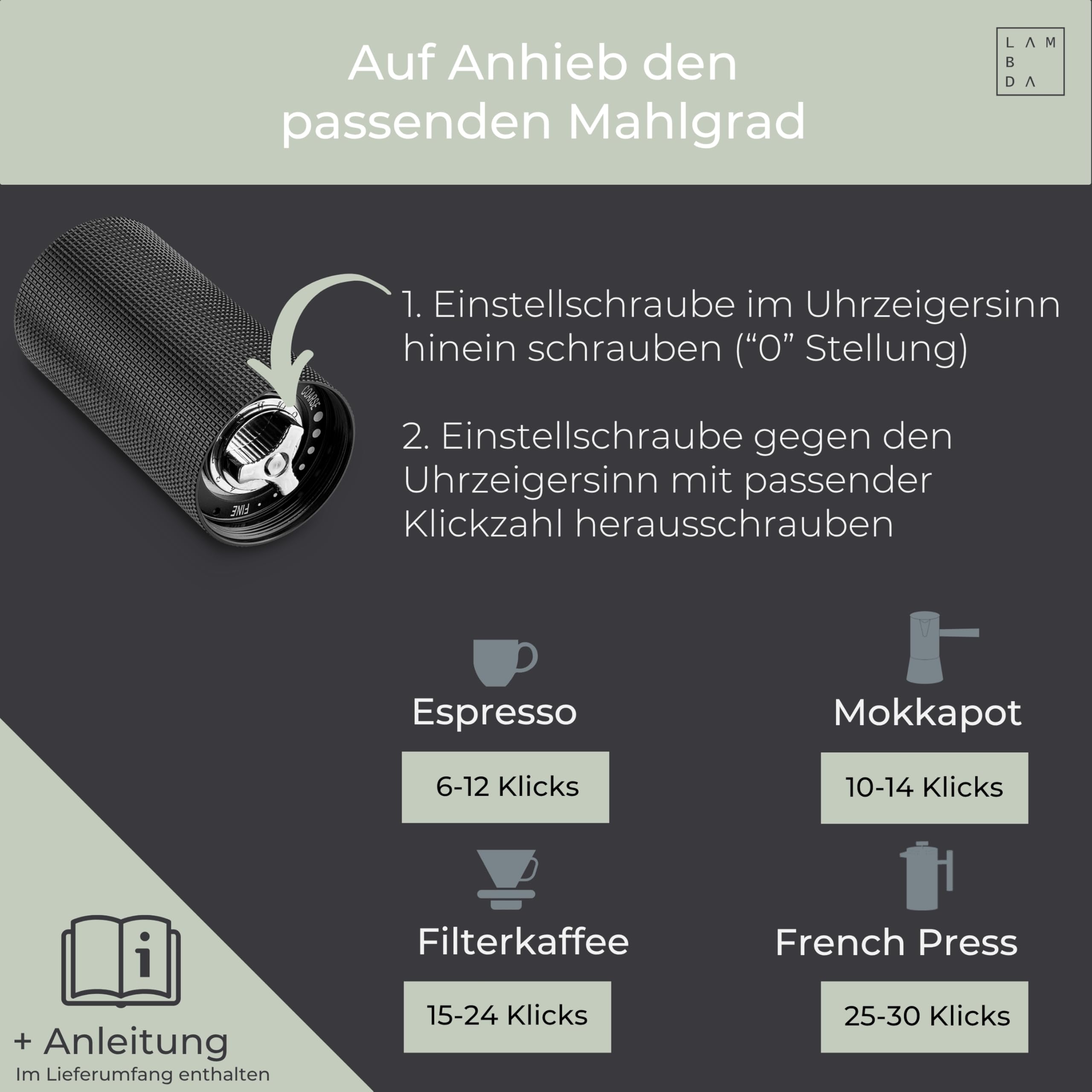 LAMBDA COFFEE® TERRA SIGMA I Espressomühle mit 108 einstellbaren Mahlgraden mit 0,055mm Einstellpräzision I Edelstahl Mahlwerk I leichtes Aluminium-Gehäuse I Hand Kaffeemühle manuell