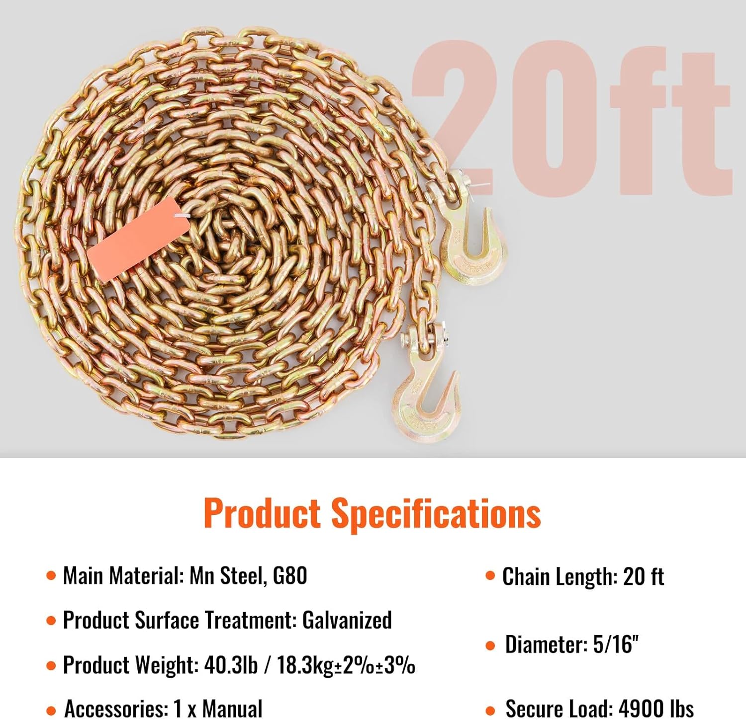 Heavy Duty G80 Tow Chain with Hooks, 5/16 Inch x 20 Feet, 4900 lbs Load Capacity, 2-Pack Binder Chain for Towing