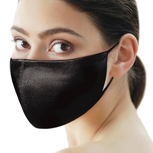 Silk Face Mask with Nose Wire for Women Men - Pure Mulberry Silk Black Face Mask Anti Acne - Breathable Soft Washable Reusable