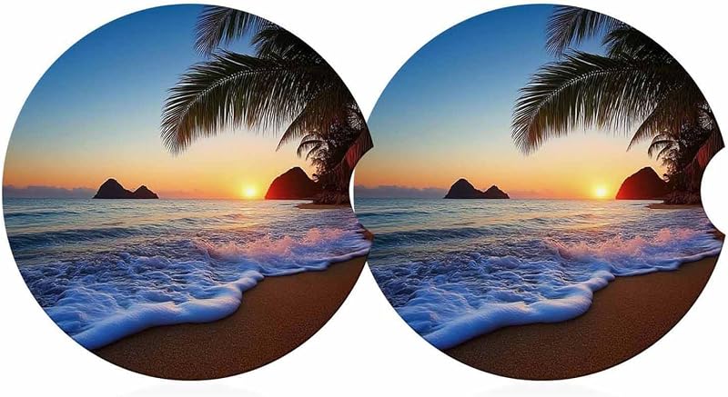 Kit com 2 Porta-Copos para Carro Jnomin Sunset Seaside em Cerâmica Absorvente com Base de Cortiça