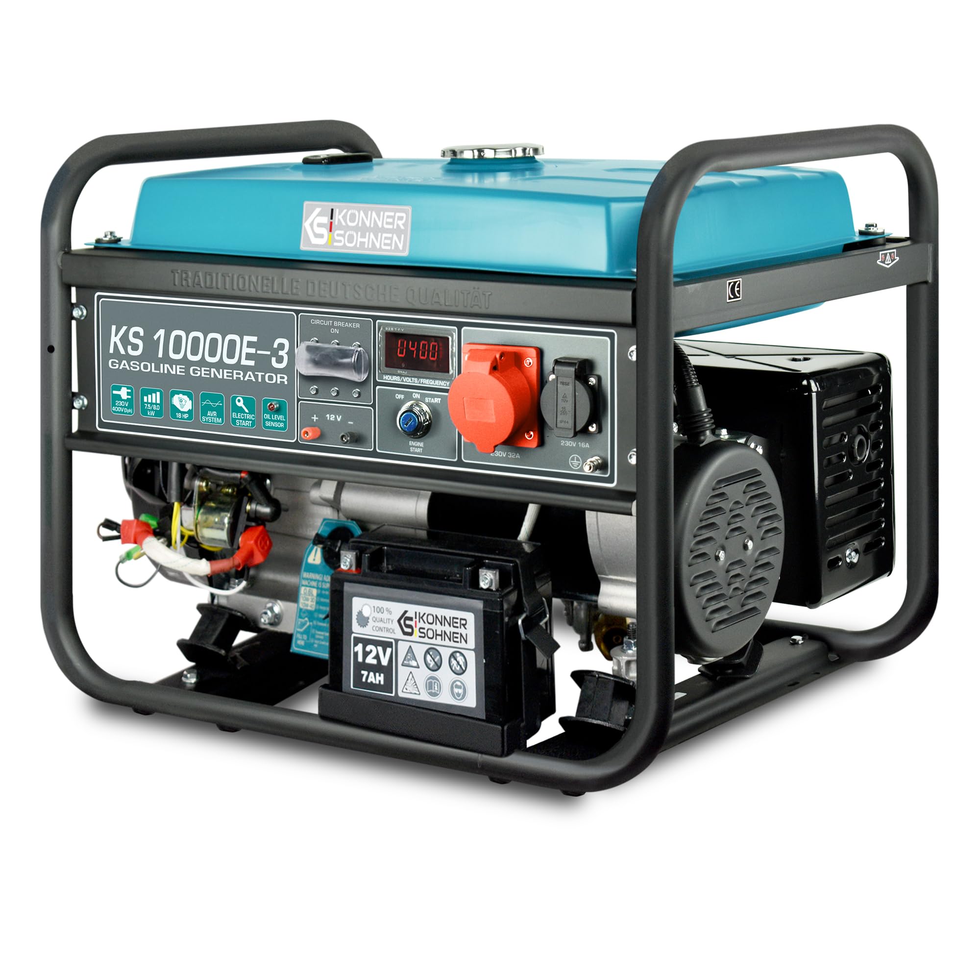 Generatore a benzina KS 10000E-3 per utenze trifase (400V), potenza massima 8000 W, con avviamento manuale/elettrico,protezione da cortocircuito, LED display, avvolgimento in rame,EURO 5