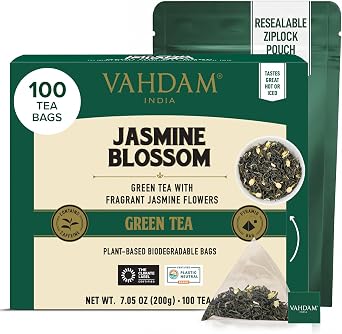 VAHDAM, Jasmine Green Tea Bags 100 Count Med Caffeine, Non GMO & Gluten Free | High Grown Green Tea Blended w/Pure Jasmine Flowers | Resealable Ziplock Pouch