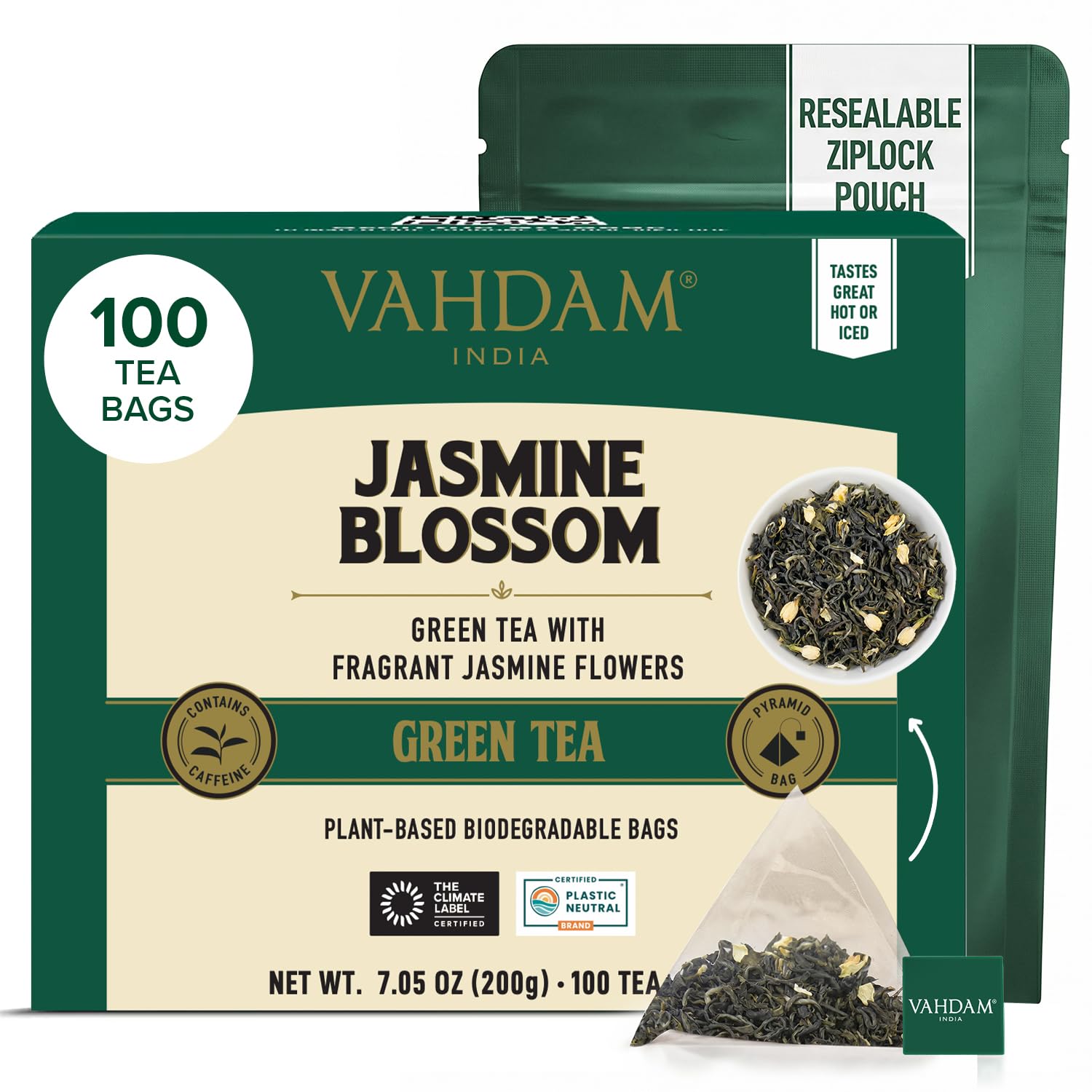 VAHDAM, Tè Verde al Gelsomino (100 Bustine) | Medio Tenore di Caffeina | Te Verde in Foglie di Alta Quota con Fiori di Gelsomino | In Bustina Richiudibile con Chiusura Ermetica