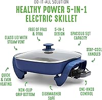 Vista 3 de GreenLife Sartén eléctrica cuadrada de 5 cuartos de galón, tapa ventilada de vidrio, interior recubierto antiadherente de cerámica sin PFAS, control