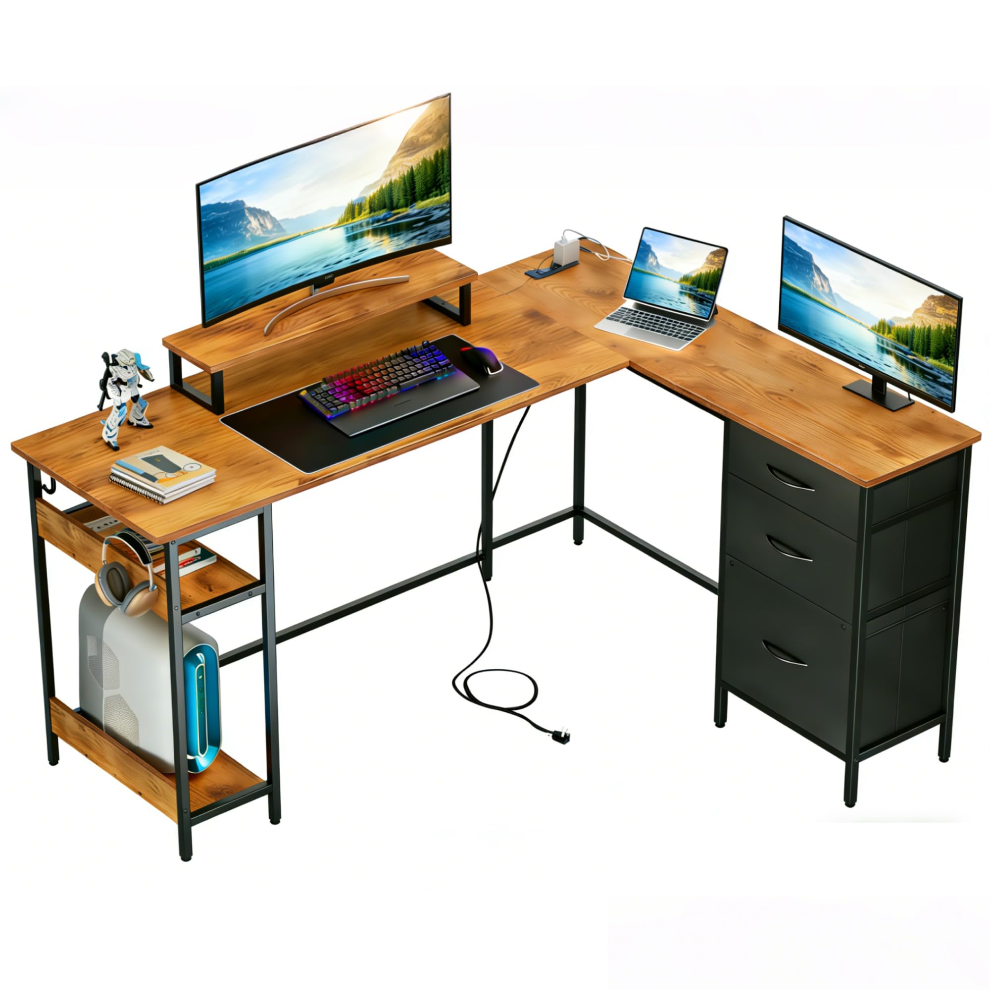 KH L Shaped Desk Home Office Desk With Round Corner Computer Desk With Large Monitor Stand Desk Workstation Modern Sturdy Gaming Home Office Desks (Rustic Brown) Price In Saudi Arabia | Amazon