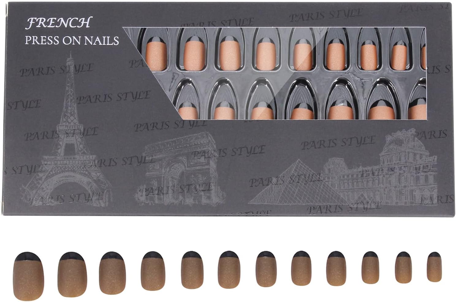 36pcs French Tip Press On Nails Short Length Oval Shape Pre-Glued False Nails (MATTE-BROWN)