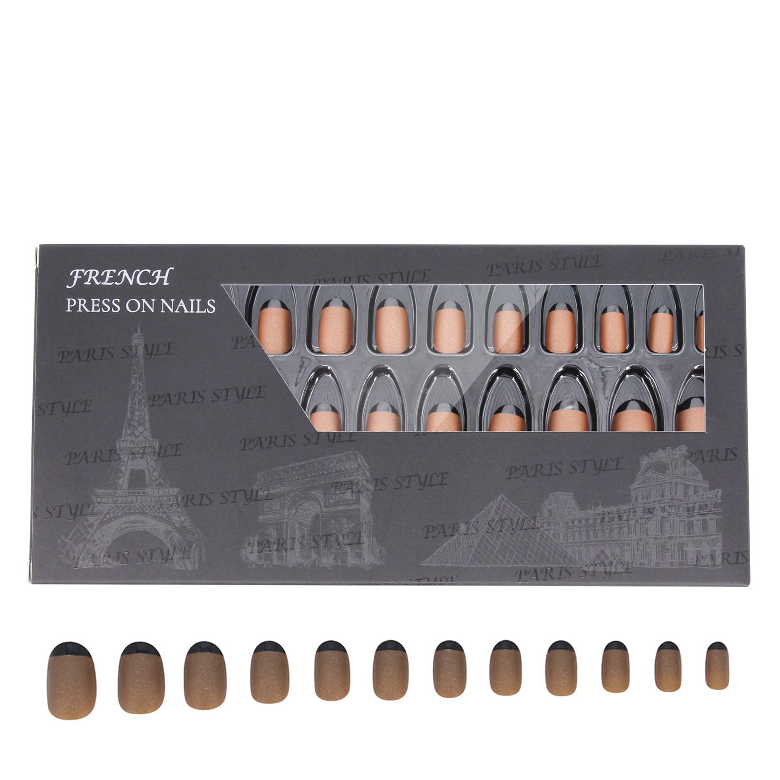 36pcs French Tip Press On Nails Short Length Oval Shape Pre-Glued False Nails (MATTE-BROWN)