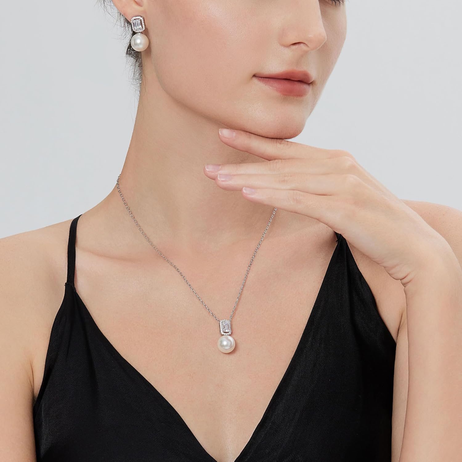 Sterling Silver 12MM Artificial White Pearl Necklace for Women Elegant Emerald Cut Faux Diamond Pendant Halo Necklace - Image 4