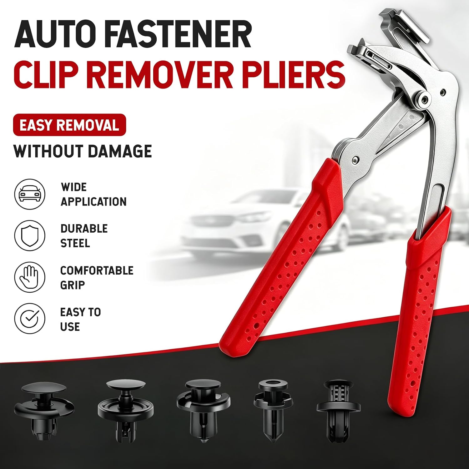 Car Clip Pliers, Professional Auto Fastener Clip Removal Pliers, Auto Trim Removal Tool for Automotive Plastic Fasteners Push Pin & Door Trim, Damage-Free, Ergonomic