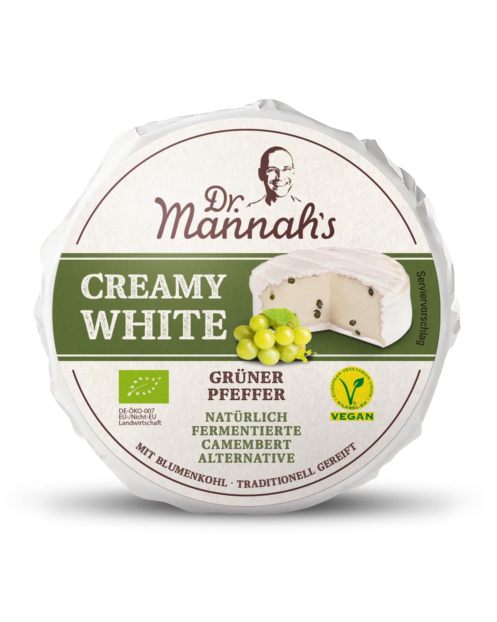 DR. MANNAH'S Vegan Passion Creamy White mit Grünem Pfeffer | Vegane Käse Alternative Auf Blumenkohl-Basis| Natürlich Fermentiert & Ohne Künstliche Zusätze (150g)
