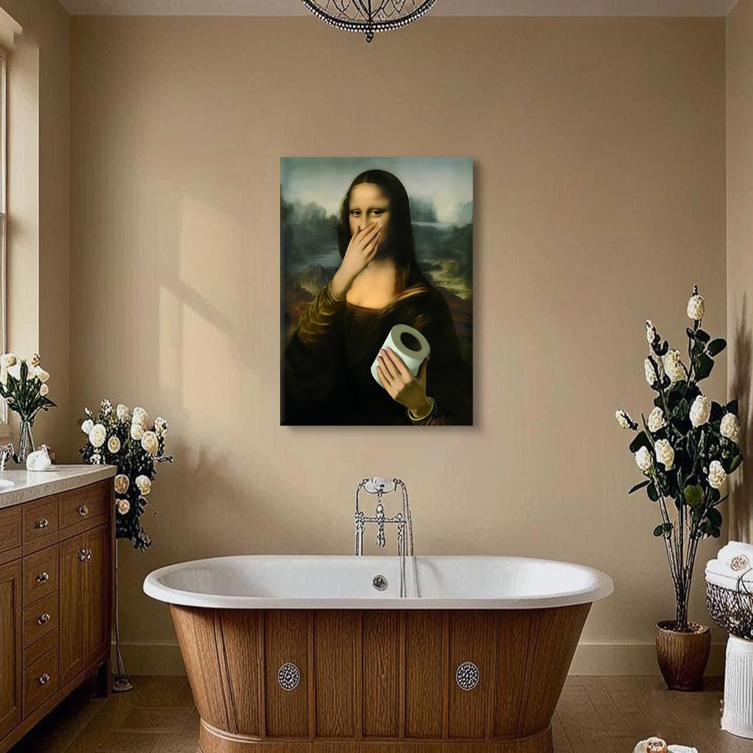 Framed Funny Bathroom Canvas Wall Art Vintage Mona Lisa Wall Decor Humor Toilet Paper Pinching Nose Prints Classical Oil Amusing Prank Posters The World Classic Paintings Reproductions Pictures