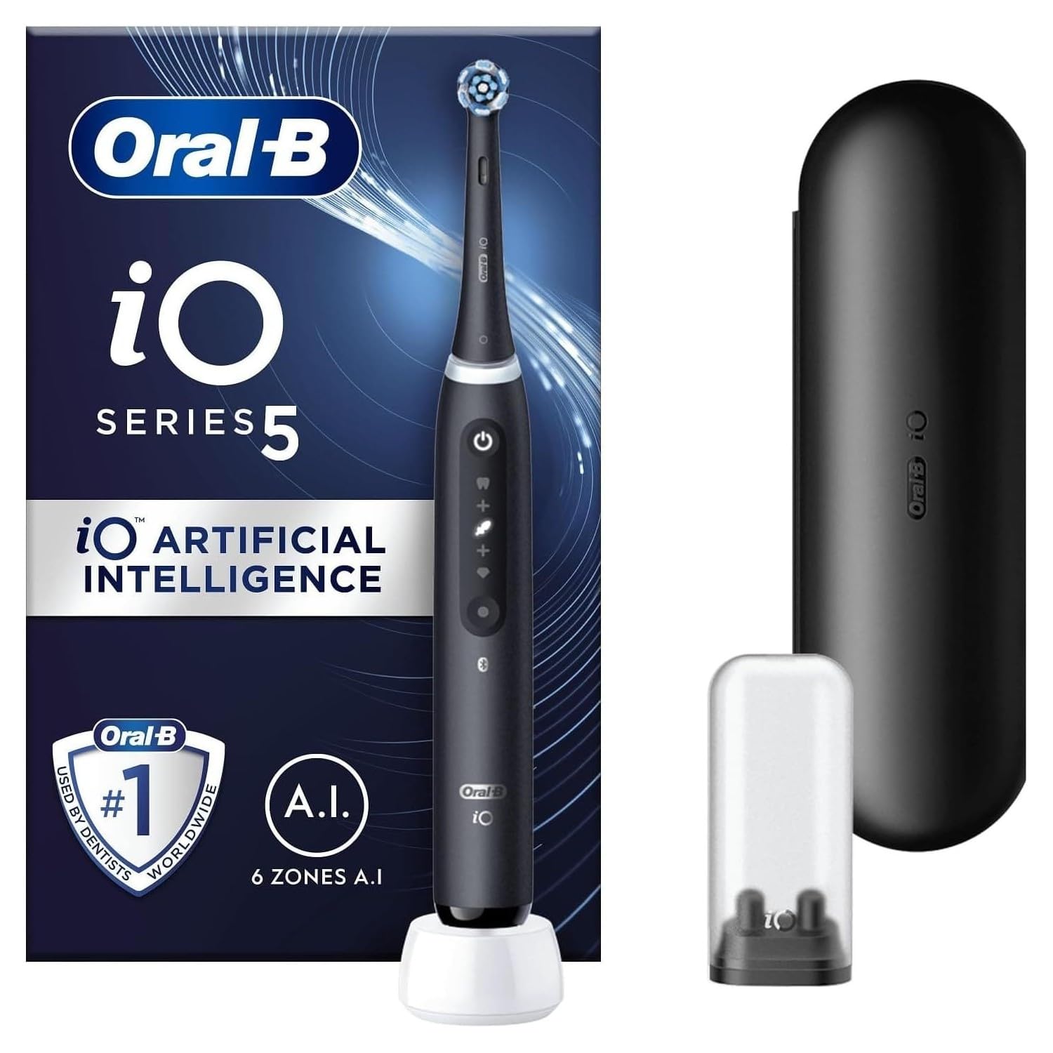 Oral-B iO 5 czarna elektryczna szczoteczka do zębów, 1 głowica szczoteczki do zębów, 1 etui podróżne, zaprojektowana przez Braun