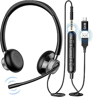 RIYO USB Headset with Rotatable Mic in-Line Controls Computer Headset Stereo Ultra Soft Wired Headset for PC, Call Center, Phone, Laptop, Skype, Zoom, Tablet, with USB-C Adapter