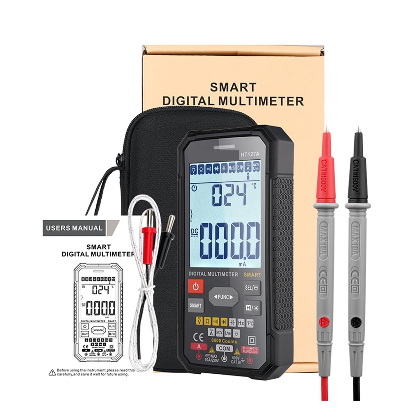Inteligentny Multimetr Cyfrowy 3,1-calowy Wyświetlacz LCD VA 6000 Zliczeń Miernik Uniwersalny Auto Range True RMS Tester NCV(HT127A TN Display)