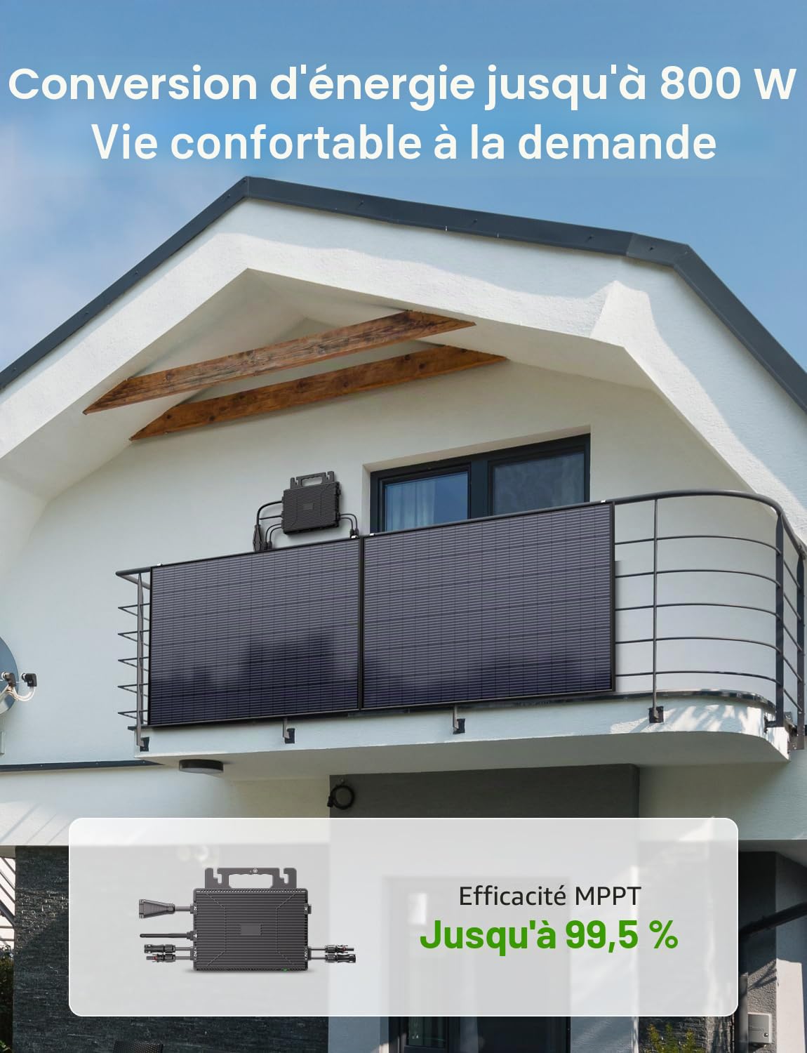 Micro Onduleur 800W, Micro Onduleur Solaire Balcon avec WiFi, Onduleur avec Câble CA de 5 Mètres, Onduleur Solaire Peut être connecté à 2 Panneaux solaires de 400 W, IP67