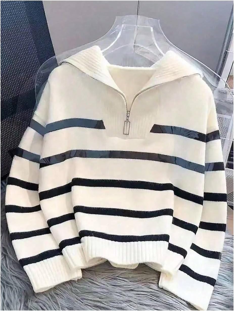 SweatyRocks Women's Half Zip Striped Sweaters Long Sleeve Collar Casual Oversized Knit Pullover Tops - Image 3