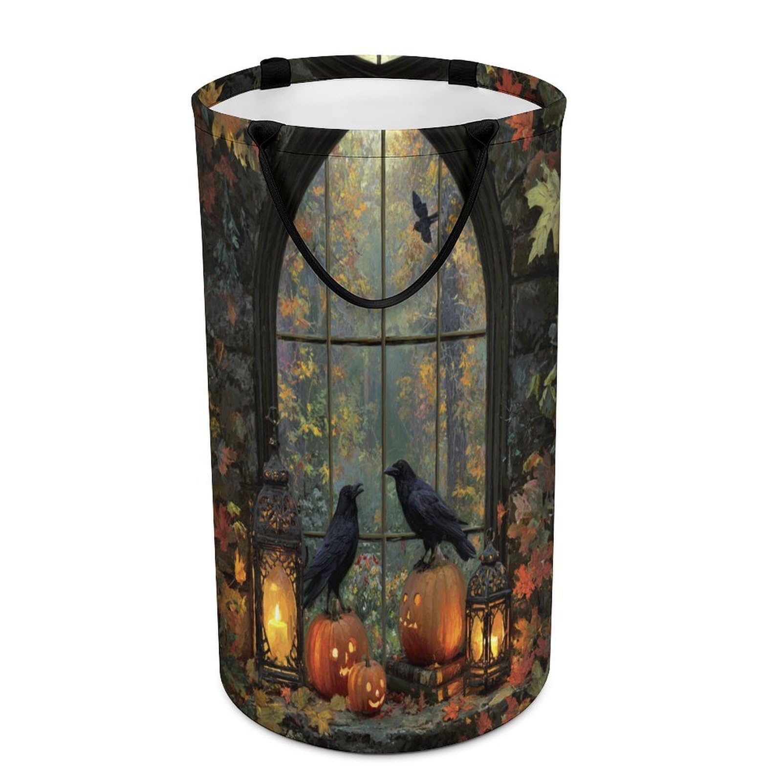 LUYYSKY Retro Realistic Gothic Raven Versatile Storage Laundry Basket, Modern Art Halloween Animals Crows Maple Leaves Pumpkins Large Capacity Bathroom Hamper With Handle